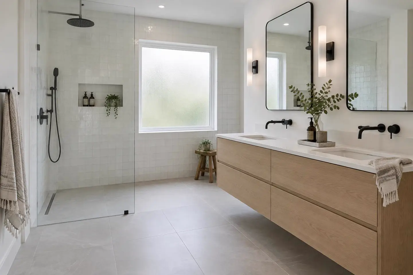 Remodeled primary bathroom with a curbless glass shower, white tile and a floating oak double vanity
