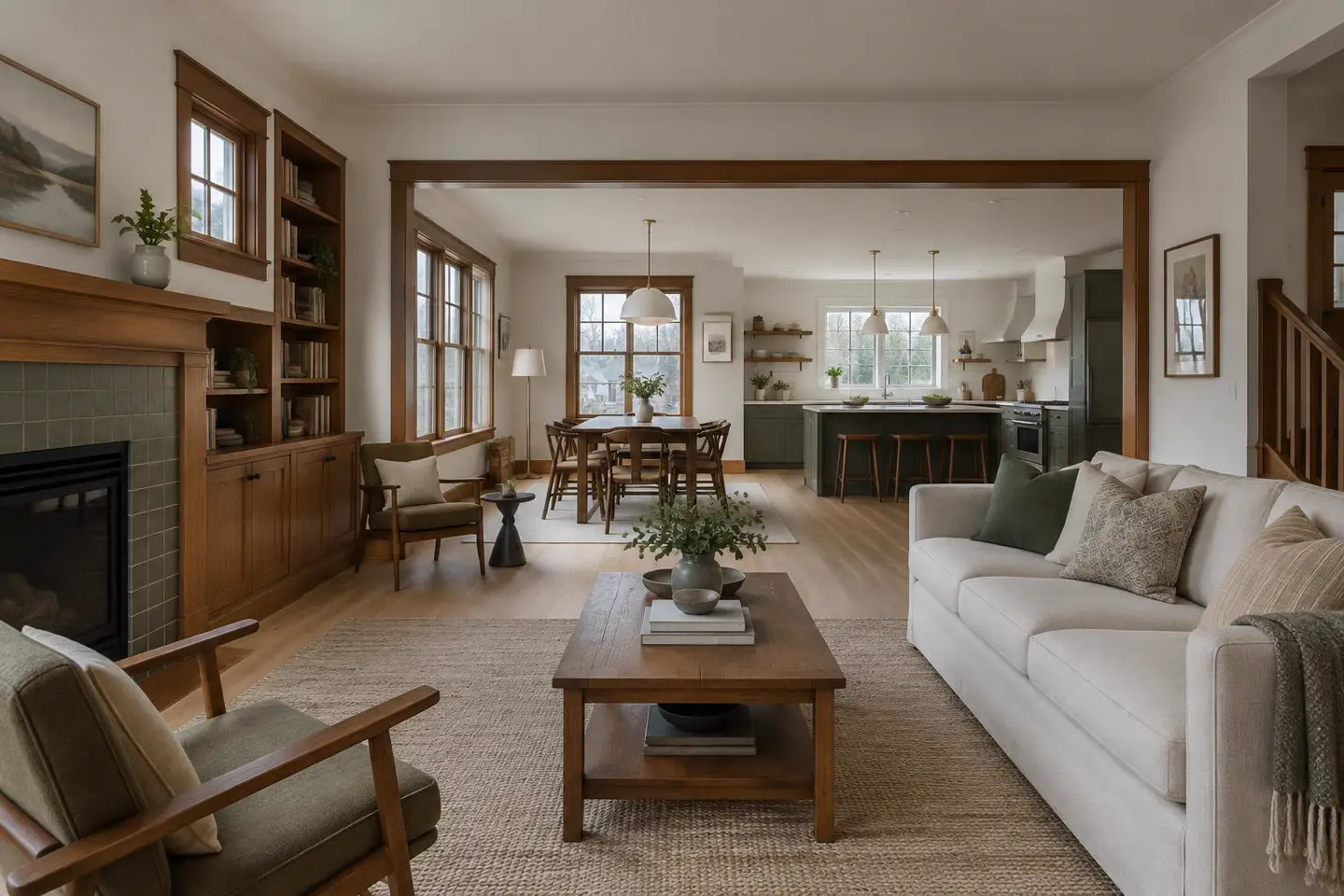 Opened-up craftsman main floor with oak floors, built-in bookshelves and a view through to the new kitchen