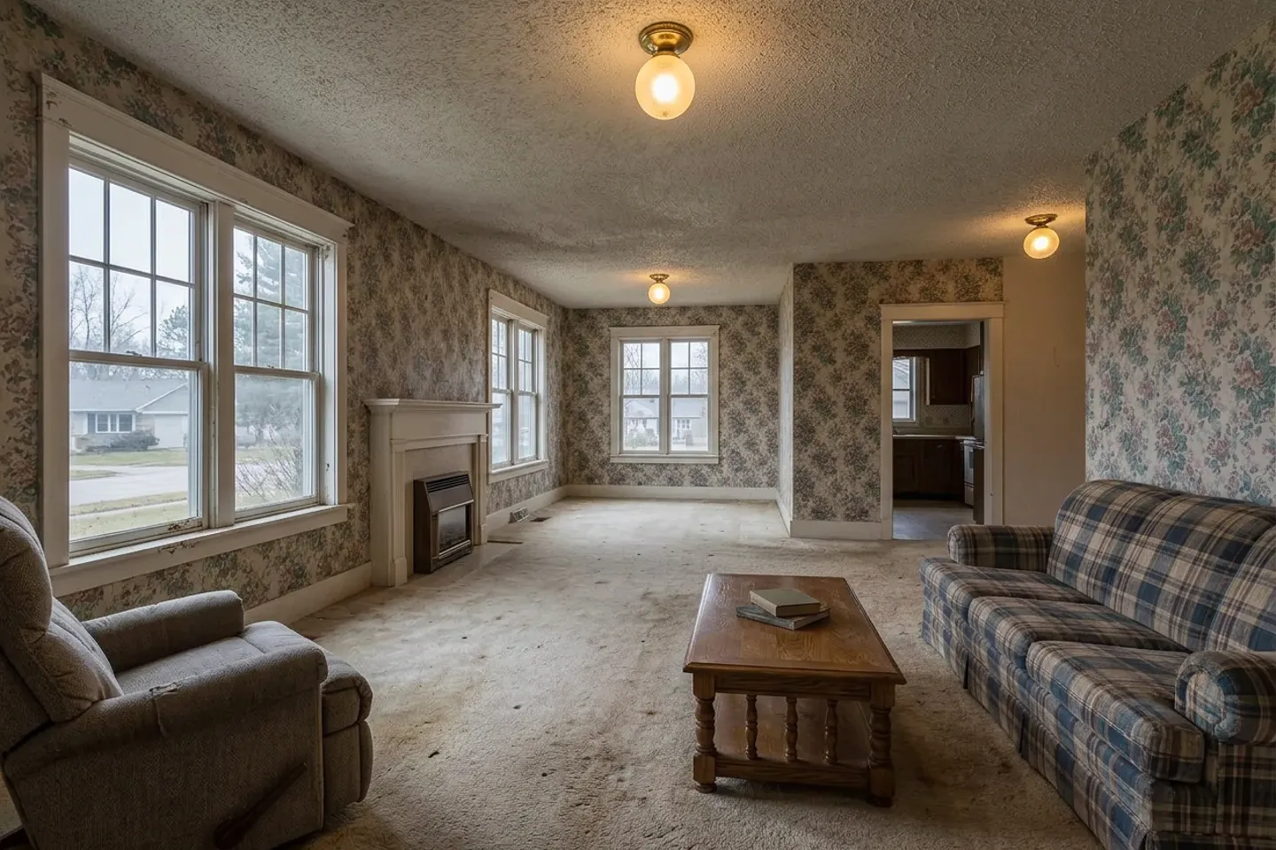 The same main floor before the remodel, with worn carpet, dated wallpaper and a closed-off kitchen doorway