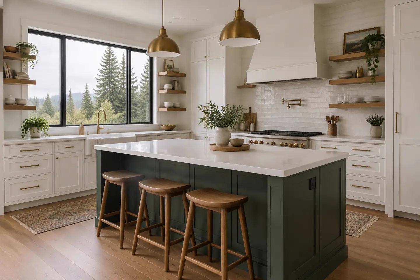 Remodeled kitchen with white shaker cabinets, a deep green island and a window onto evergreen trees