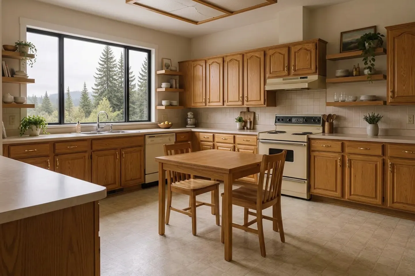 The same kitchen before the remodel, with honey oak cabinets, laminate counters and a fluorescent light box